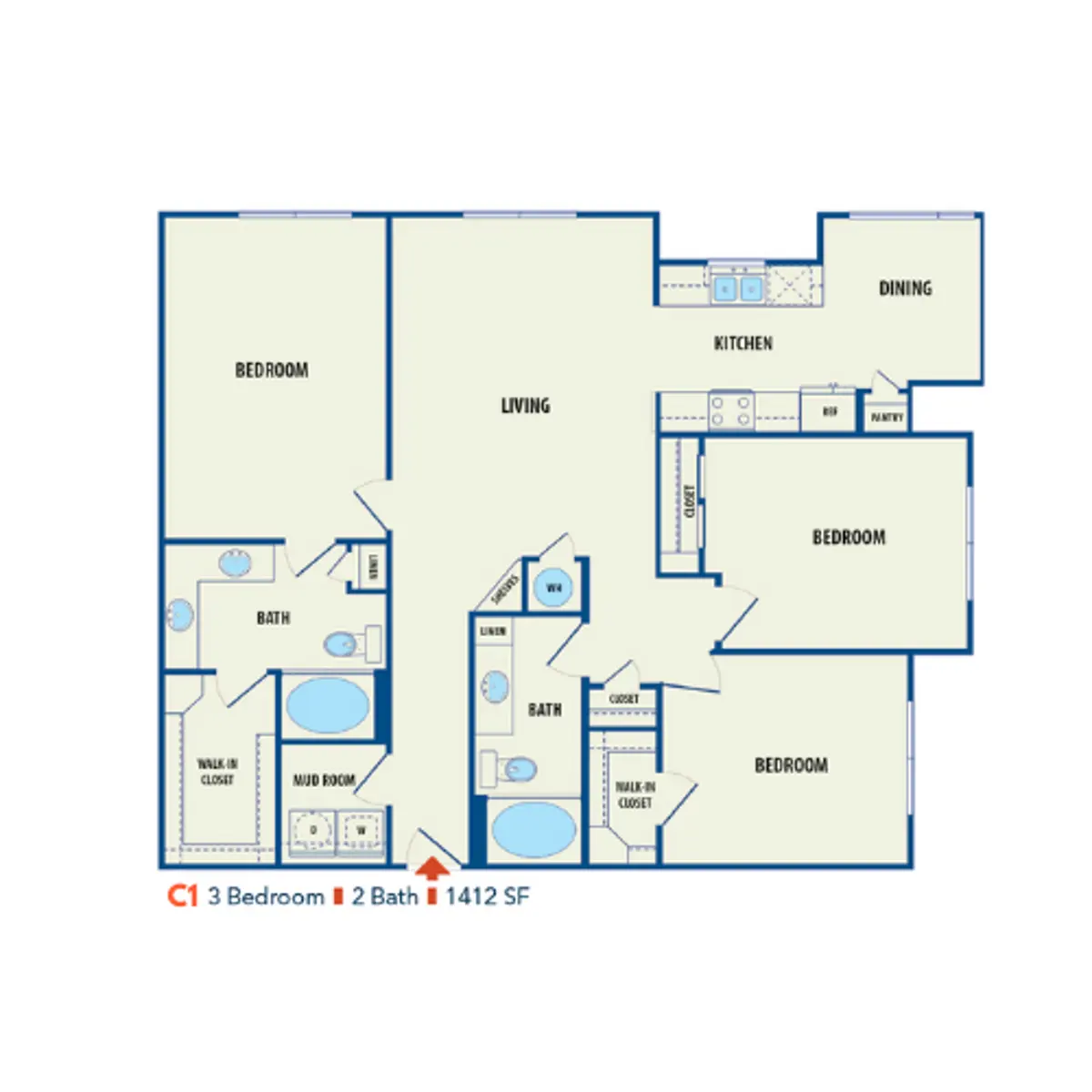 3 Bedroom, 2 Bath Apartment Floor Plan A floor plan of a 3-bedroom, 2-bathroom apartment with a living room, kitchen, dining area, and various closets.
