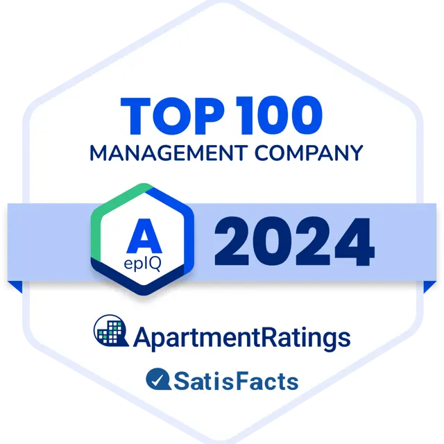 Top 100 Management Company Award 2024 Award badge for Top 100 Management Company 2024, featuring the logo of ApartmentRatings and SatisFacts.