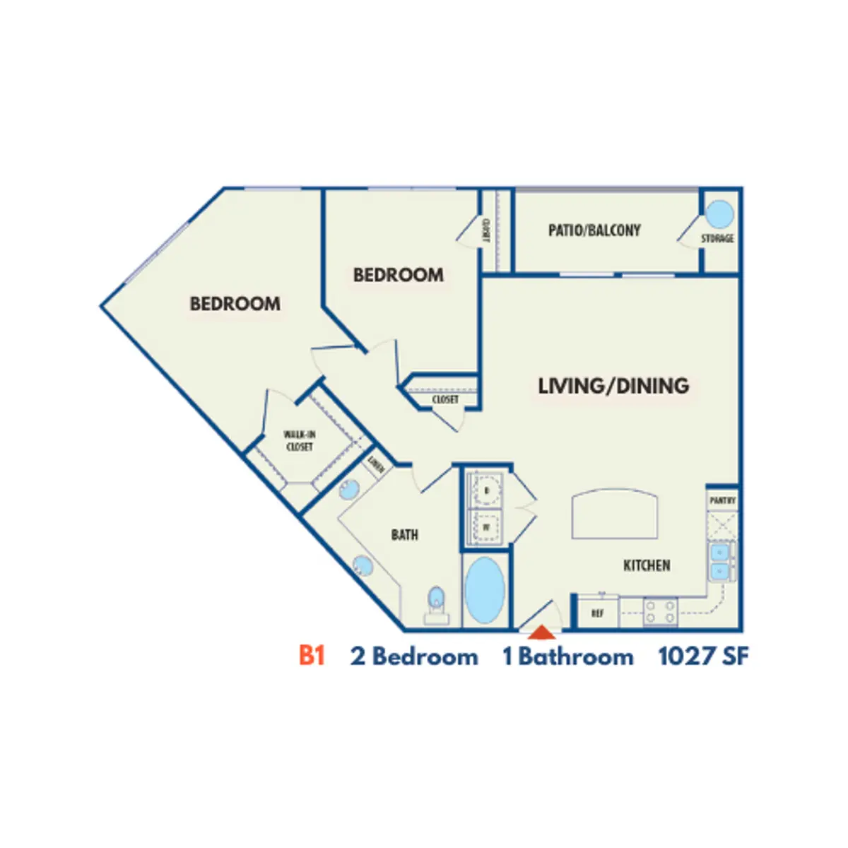 2 Bedroom Apartment Floor Plan B1 Floor plan of a 2-bedroom, 1-bathroom apartment layout.