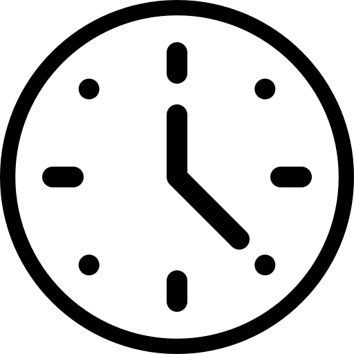 Black outline clock icon with hour and minute hands