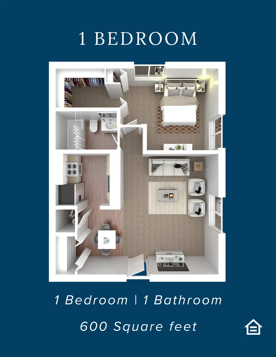 Floor plan of a 1-bedroom apartment featuring a living area, kitchen, bathroom, and bedroom with furnishings.