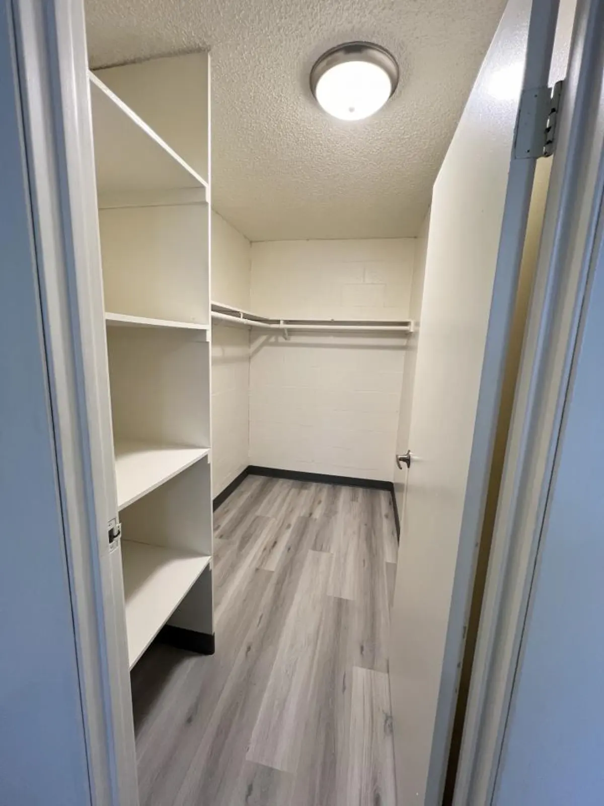 Walk-in closet with open shelving, hanging rails and a ceiling light.