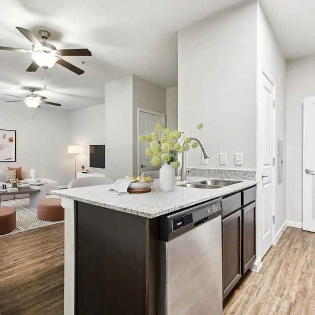 A modern kitchen with a granite countertop and stainless steel appliances, leading into a stylish living room area with soft seating and decorative elements.
