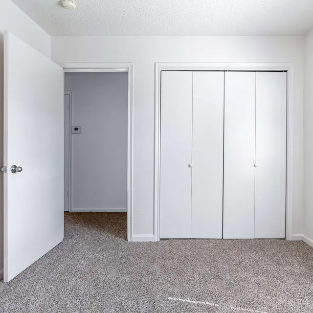 A clean, empty room with light gray carpet and white walls. There is a door on the left leading to another room and a closet with white sliding doors on the right.