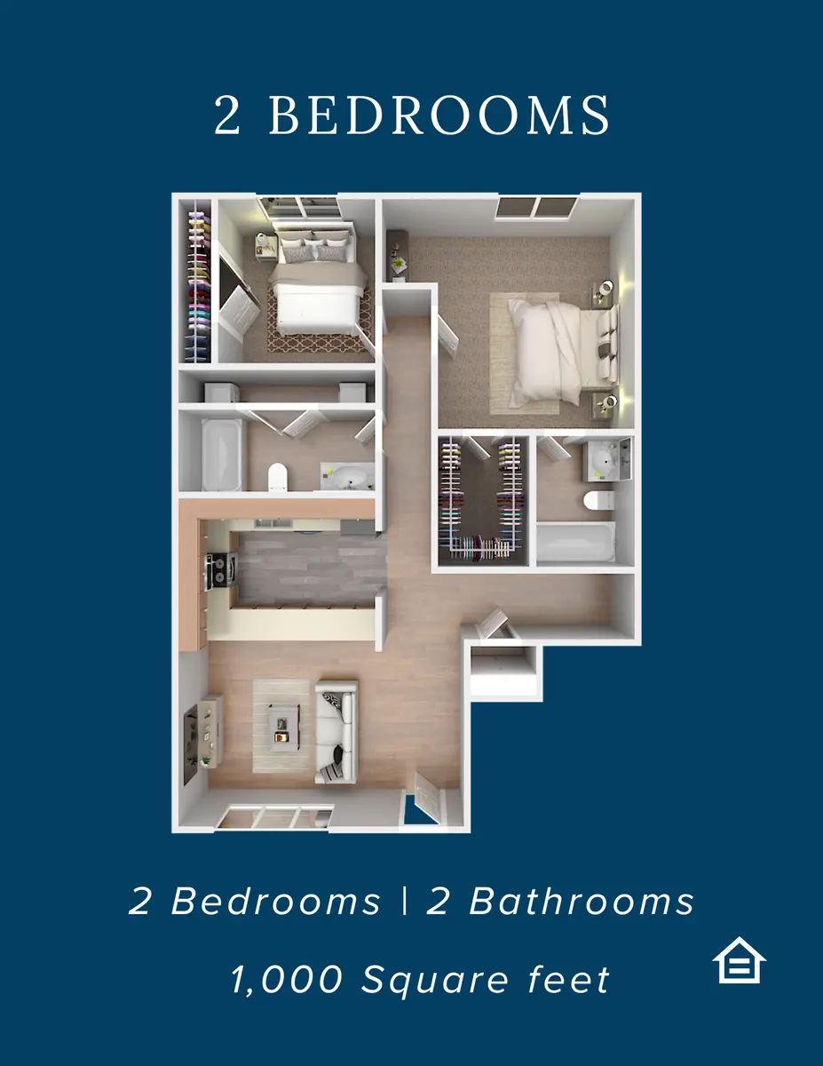 A floor plan diagram showing a 2 bedroom, 2 bathroom layout with a total area of 1,000 square feet.