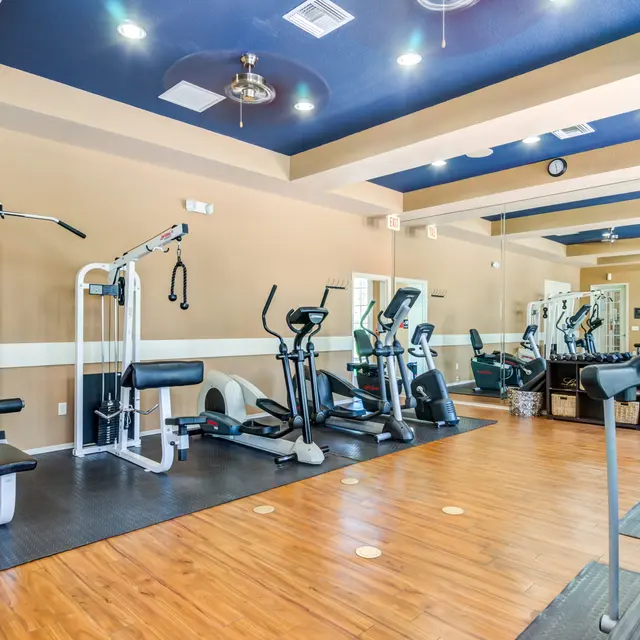 Interior of a gym with exercise equipment including treadmills, elliptical machines, and weight machines.