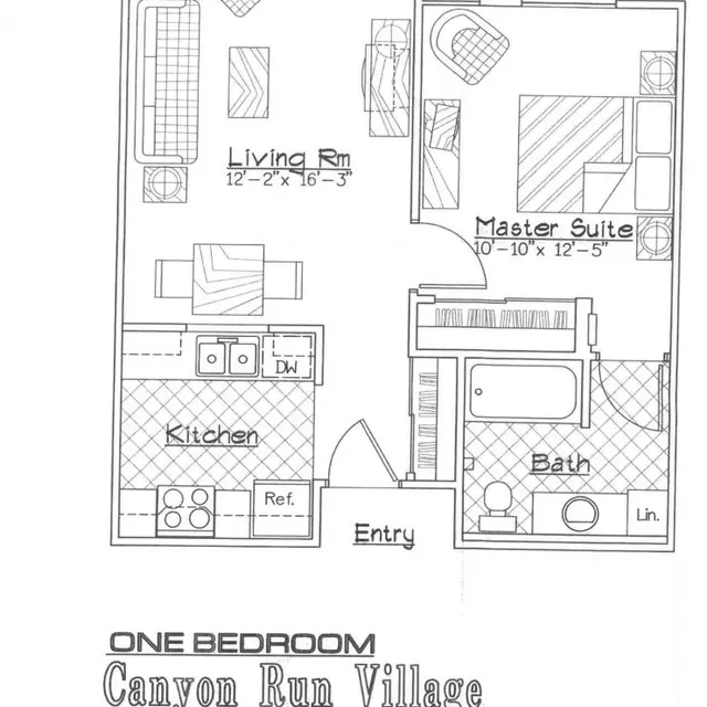 Floor plan of a one-bedroom apartment labeled 'Canyon Run Village'. It includes a living room, master suite, kitchen, and bath, with dimensions for each space.