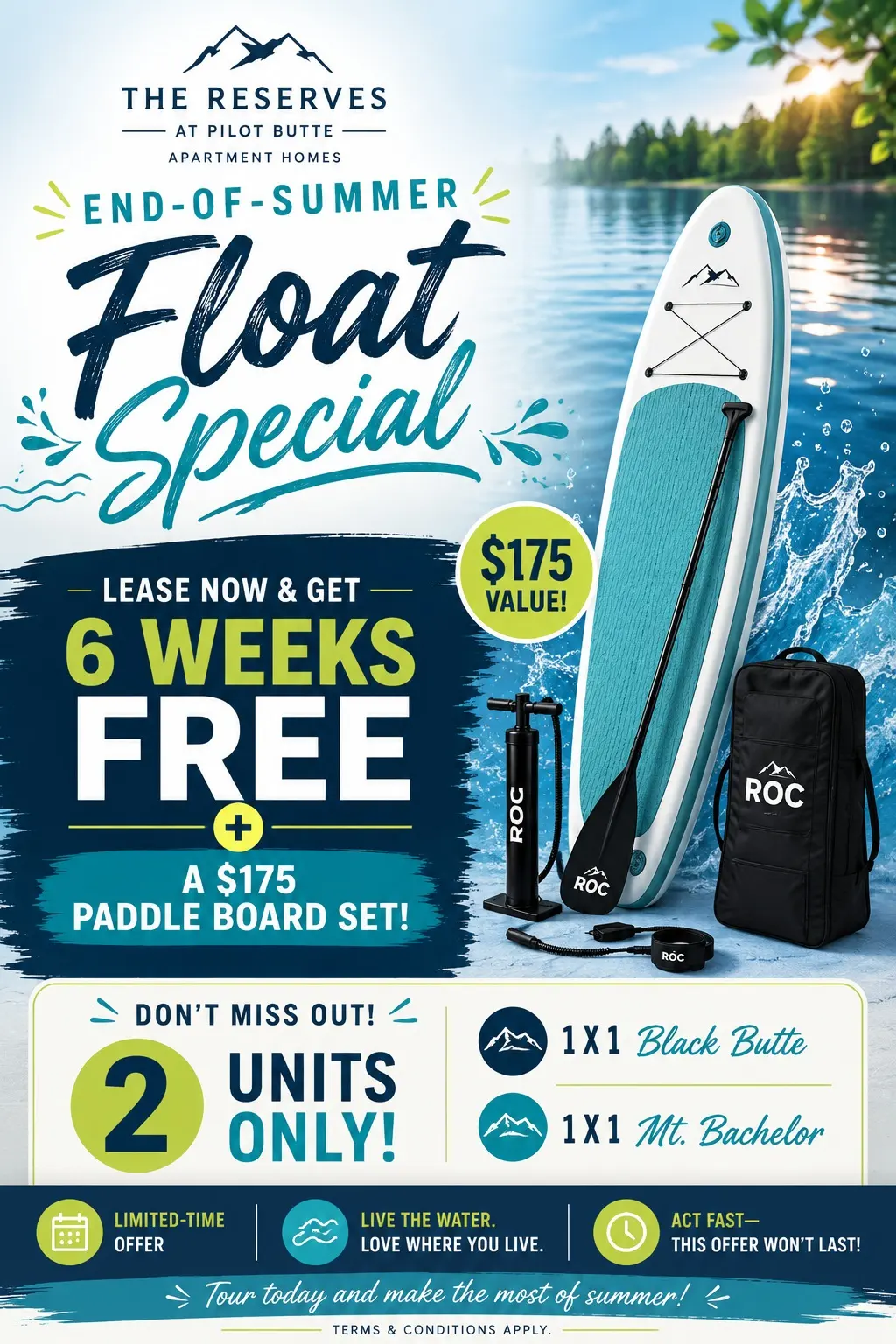 End-of-Summer Float Special at Pilot Butte Promotional poster for apartment leasing with a paddle board offer. Features a beautiful landscape with a paddle board and promotional details about leasing and special offers.