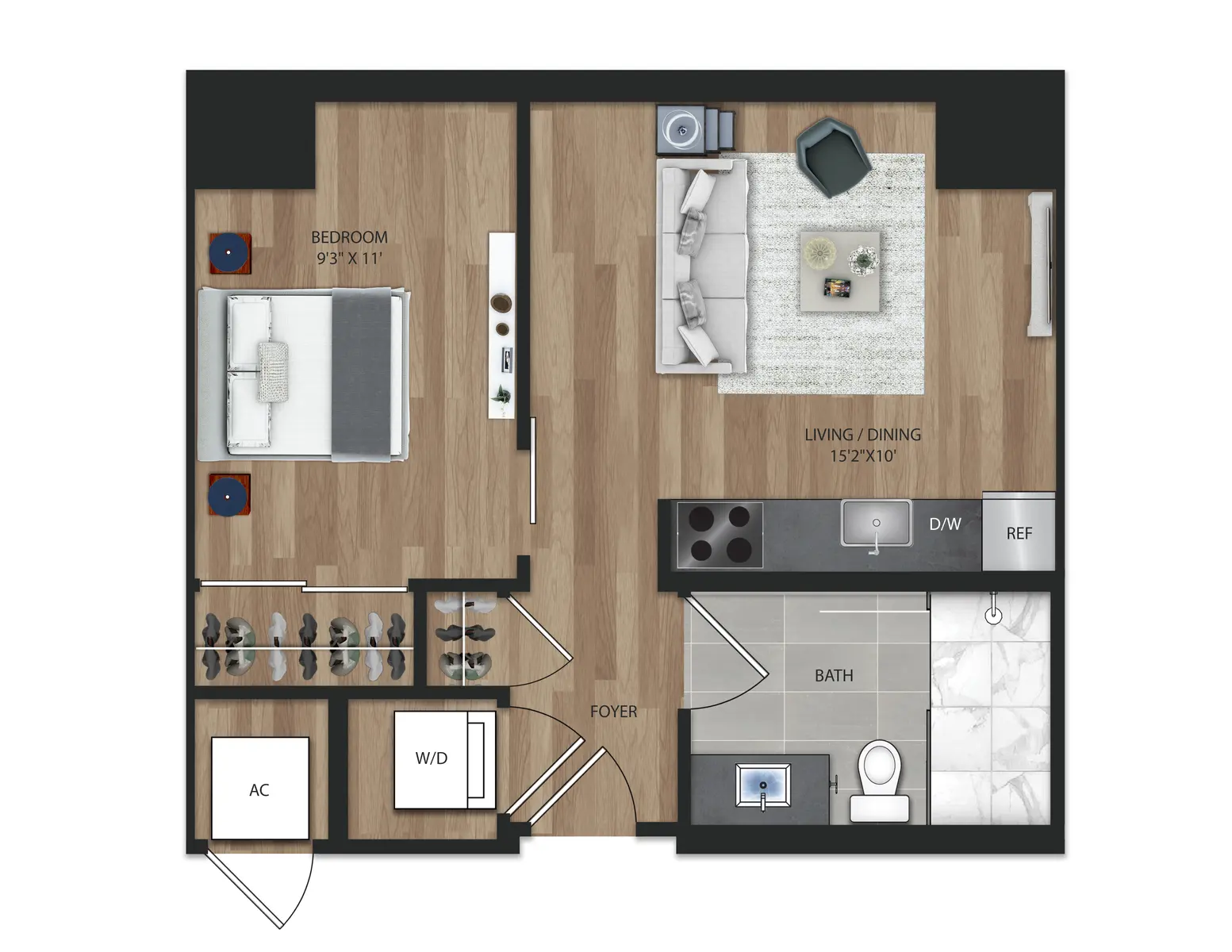 A floor plan of a one-bedroom apartment featuring a living/dining area, kitchen, bedroom, and bathroom. The layout includes labels for each room and dimensions indicated for the living/dining area.