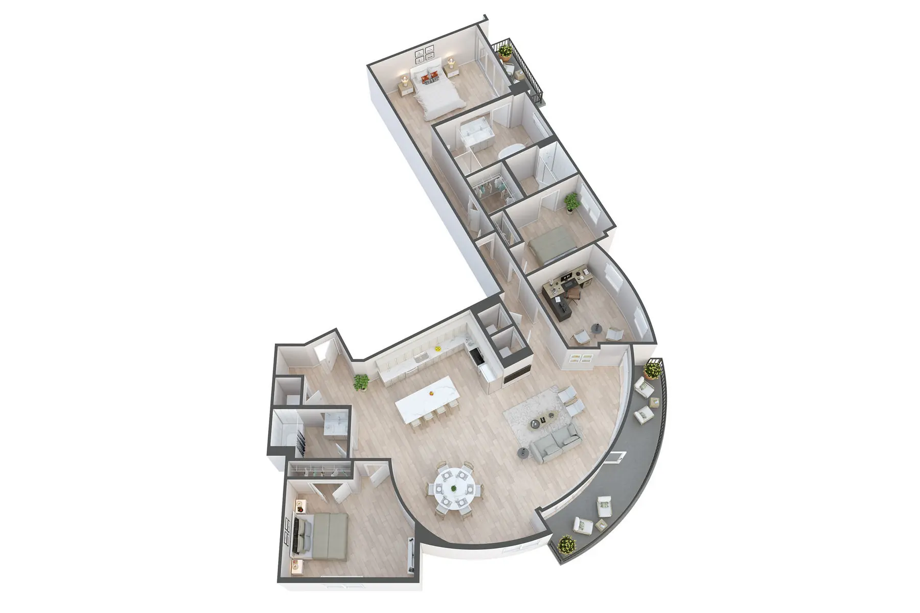 A modern apartment floor plan showcasing multiple rooms with an open layout and contemporary design.