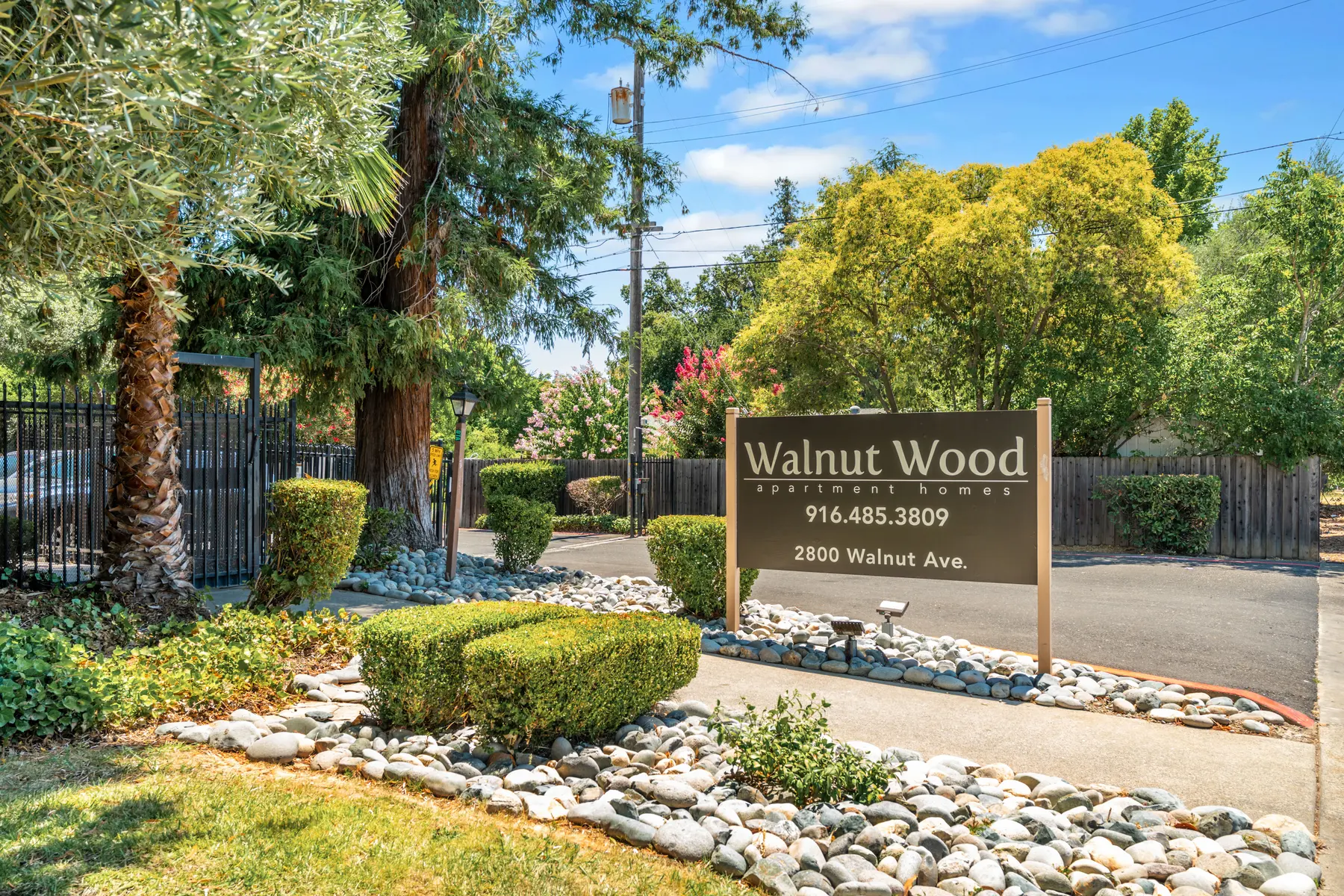 A landscaped entrance featuring a sign for Walnut Wood located on Walnut Ave. The sign includes a phone number and address. Surrounding the sign are lush green shrubs, neatly arranged stones, and trees.