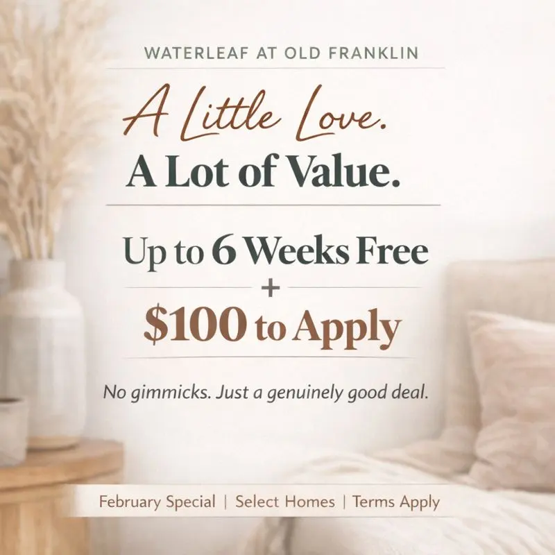 Promotional flyer for Waterleaf at Old Franklin featuring an offer for up to 6 weeks free and $100 to apply.