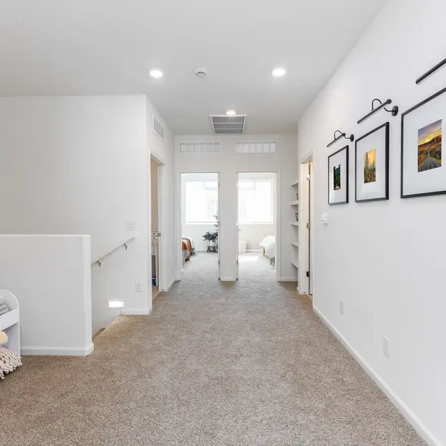 A well-lit hallway with a plush lion toy, picture frames on the wall, and carpet flooring.