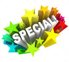 The word 'SPECIAL' in bold white letters surrounded by colorful 3D stars and shapes, creating a vibrant explosion effect.