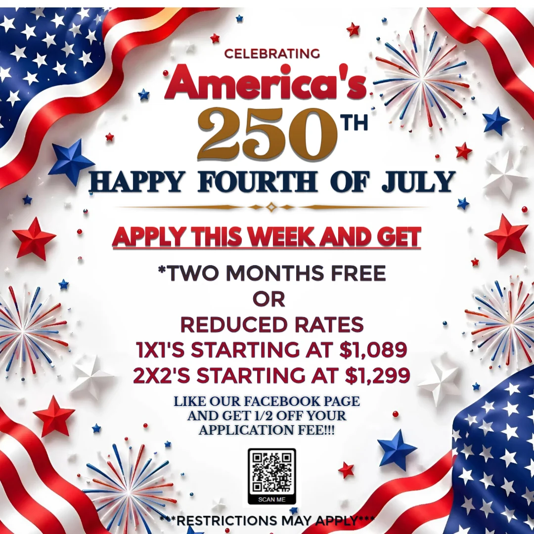 Promotional flyer celebrating America's 250th Fourth of July with offers