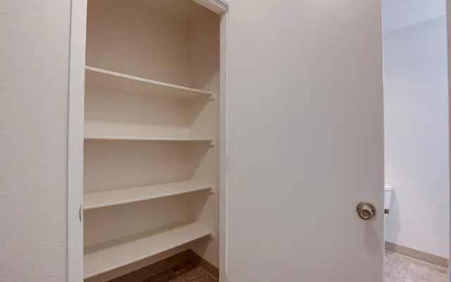An open closet with empty white shelves against a light-colored wall.
