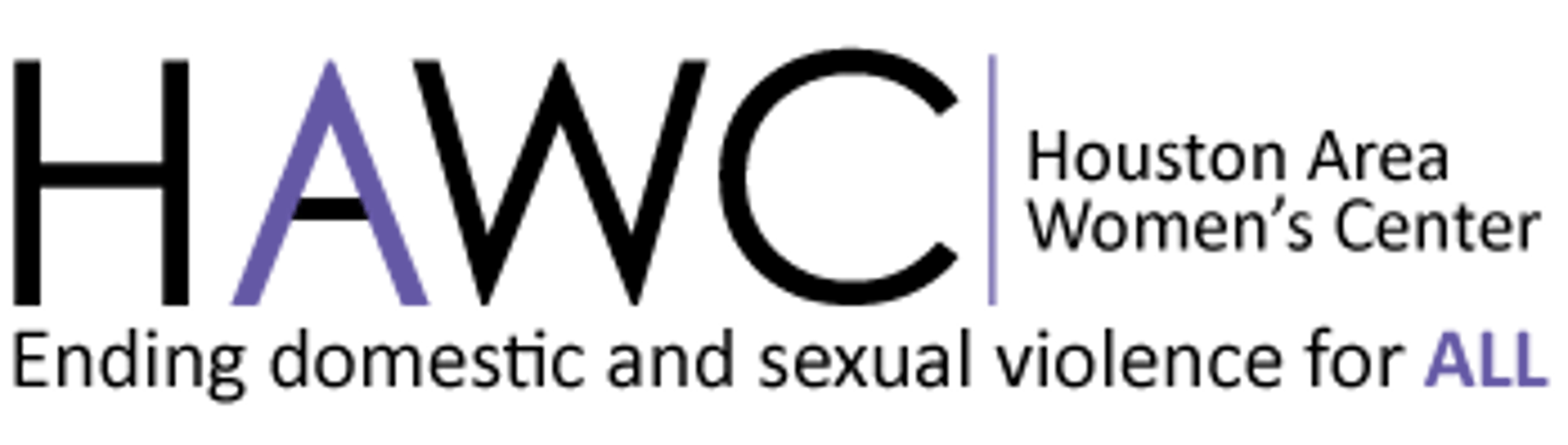 Logo of the Houston Area Women's Center (HAWC) with the tagline 'Ending domestic and sexual violence for ALL'
