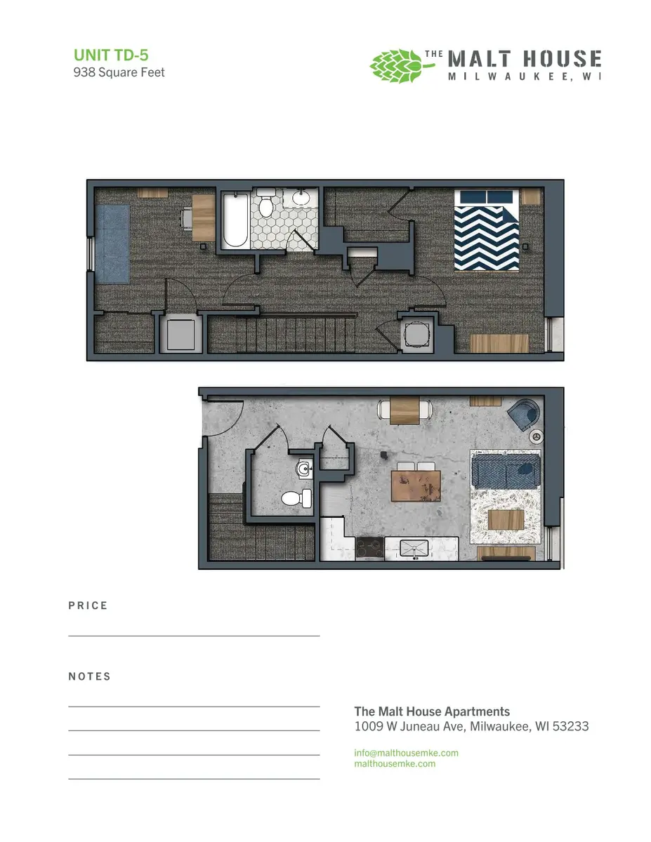A floor plan layout for Unit TD-5 at The Malt House Apartments, measuring 938 square feet, displaying two levels with designated room areas.