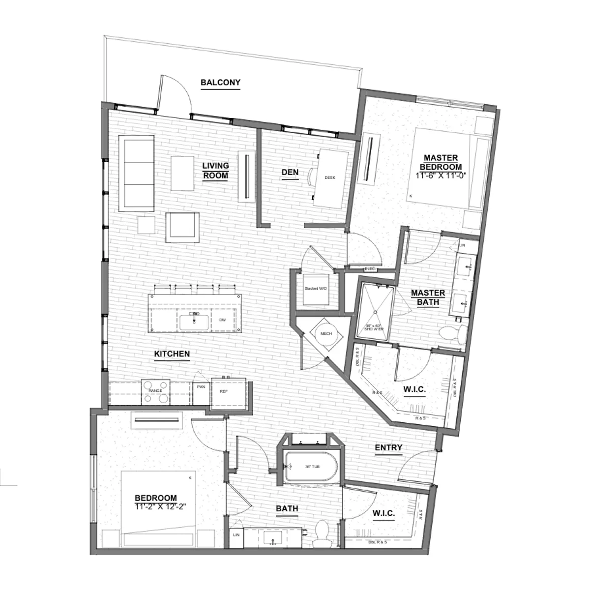 A detailed architectural floor plan of an apartment featuring a living room, den, master bedroom with en-suite bath, second bedroom, entry, kitchen area, and a balcony.