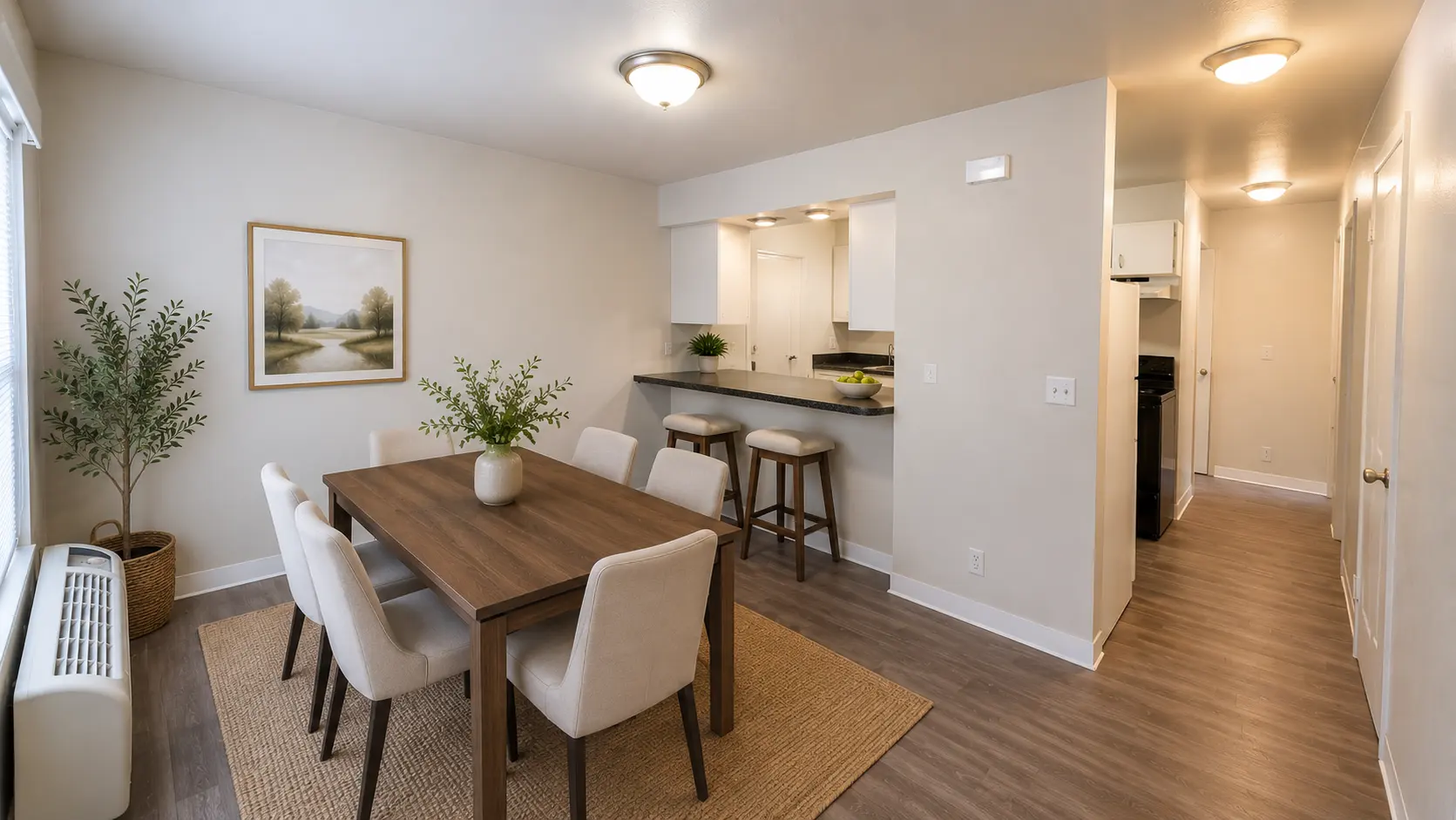 A modern dining area with a wooden table, white chairs, and a view of a kitchen. Light walls and natural decor create a cozy atmosphere.