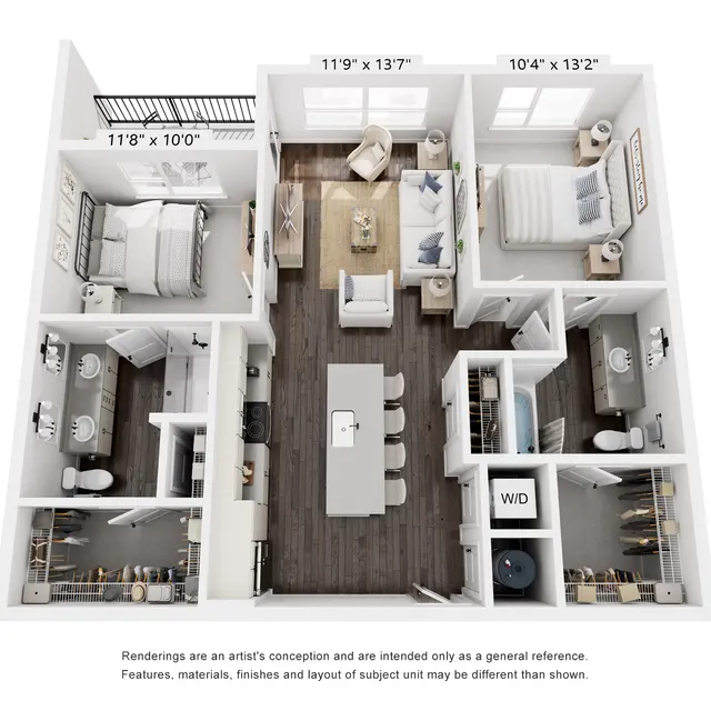 A 3D floor plan of an apartment featuring two bedrooms, a living room, and a dining area.