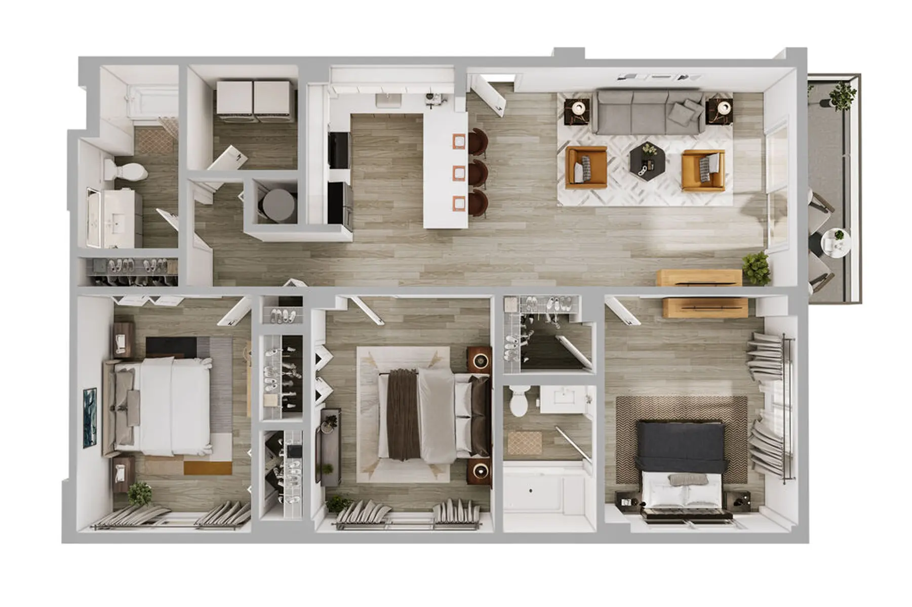 A detailed floor plan of an apartment featuring a living area, kitchen, dining space, and multiple bedrooms and bathrooms.