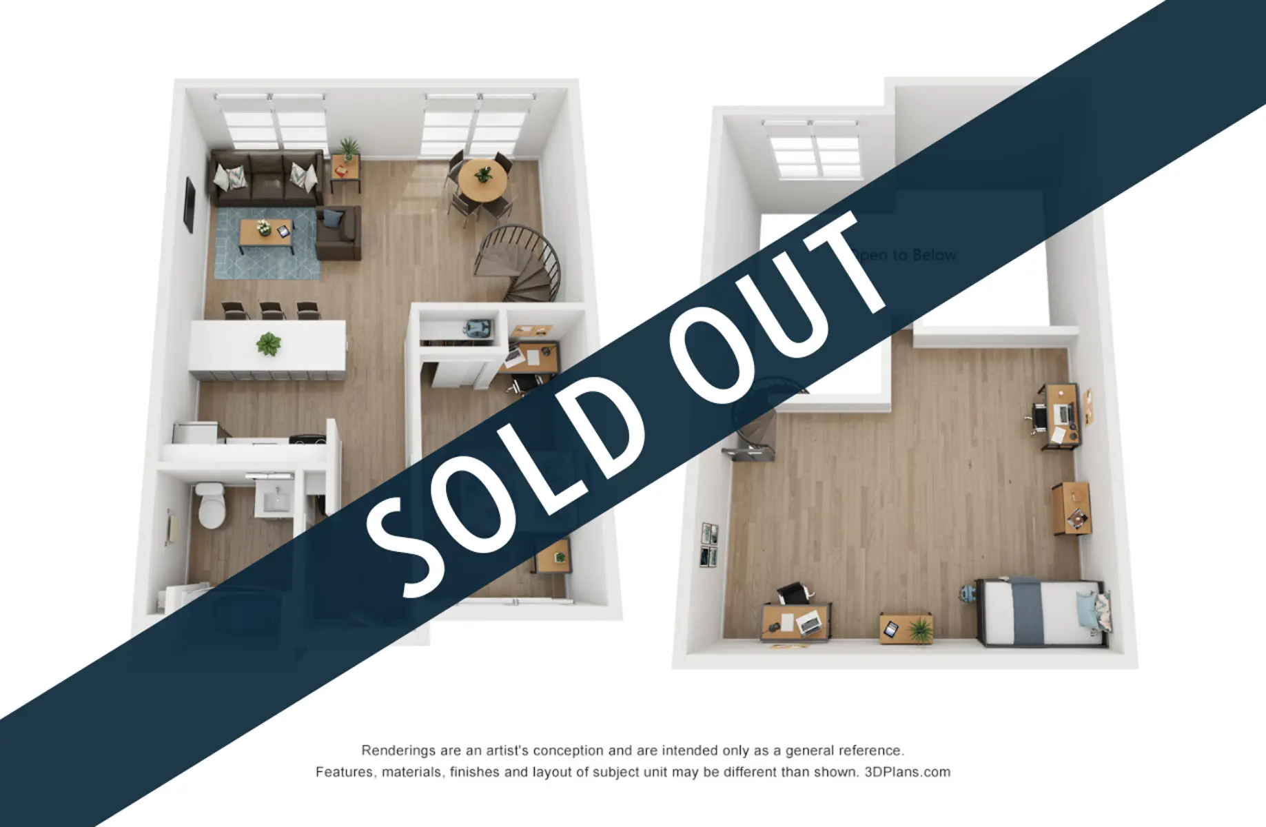 An architectural floor plan illustrating two connected living spaces. The left side includes a living room, dining area, and kitchen, while the right side features a bedroom and bathroom. A overlay text reads 'SOLD OUT'.
