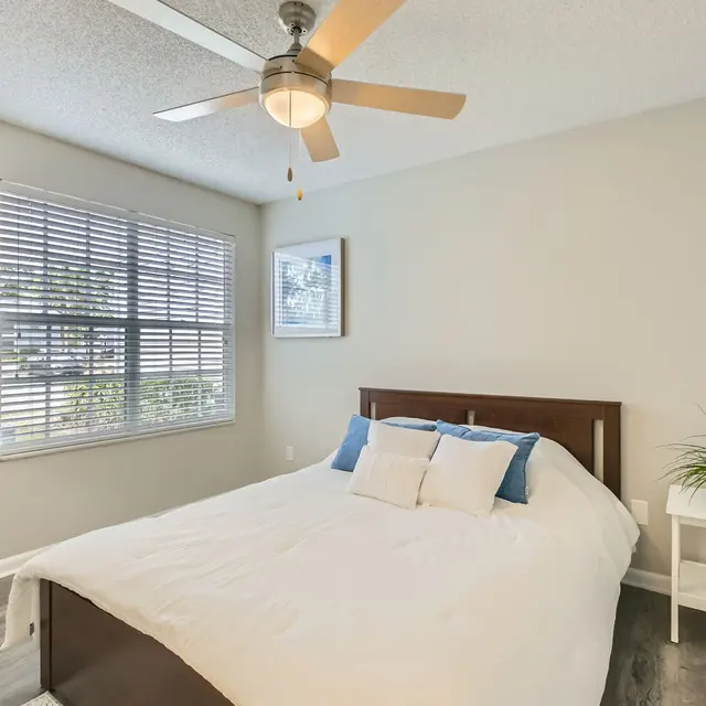 A modern bedroom featuring a queen-sized bed with white bedding and blue accent pillows. There is a ceiling fan above, and a window with blinds allows natural light to enter. A small white side table with a plant is positioned next to the bed.