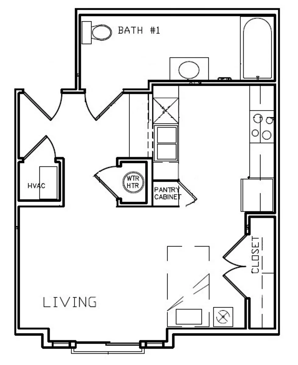 A floor plan of a small apartment layout featuring a living area, bathroom, pantry cabinet, closet, HVAC, and water heater. The design includes labeled sections indicating the different areas of the space.