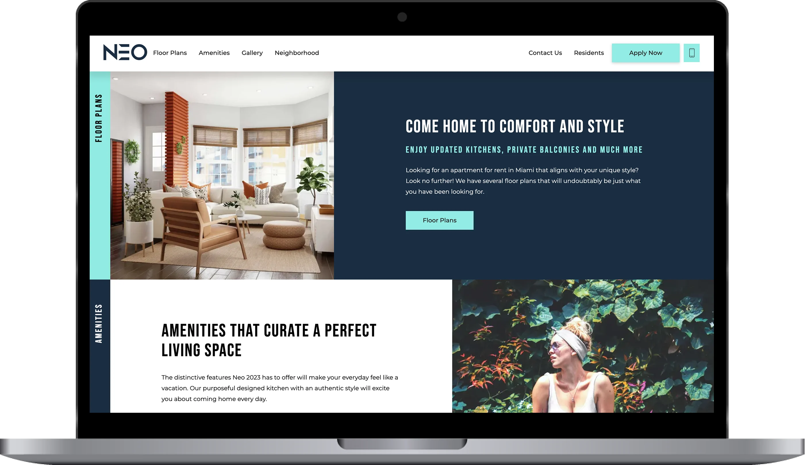NEO Apartment Complex Landing Page A laptop displaying a modern web page for an apartment complex named NEO. The page features sections on floor plans, amenities, and neighborhood, highlighting updated kitchens and stylish living spaces.