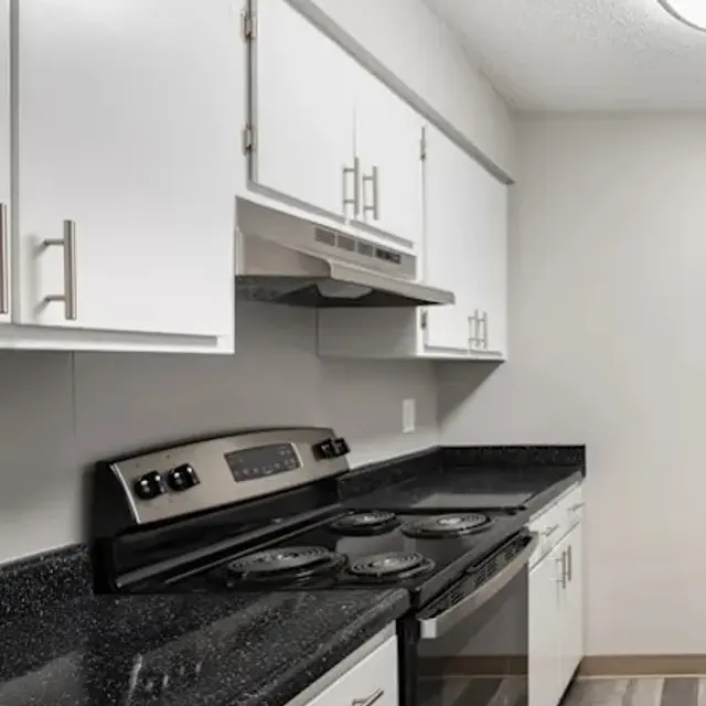 A modern kitchen featuring white cabinets, a black countertop, and stainless steel appliances, including an oven and a stovetop.