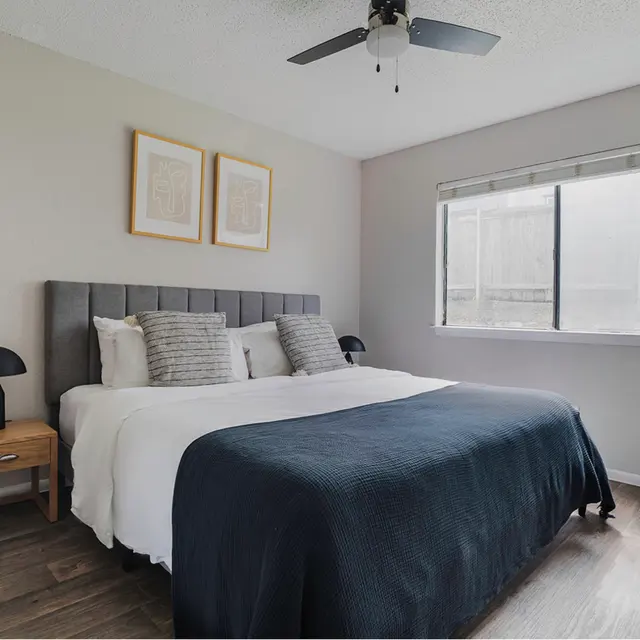 A modern bedroom with a large bed featuring a dark blue blanket and decorative pillows. There are two framed artworks on the wall above the bed. A wooden bedside table with a lamp is beside the bed, and a window allows natural light to enter the space.