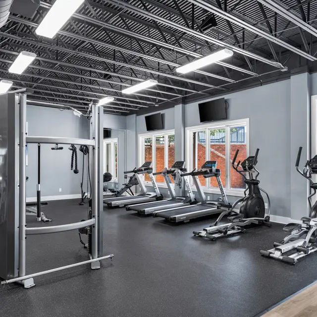 A spacious modern gym interior featuring exercise machines and a cable machine. Large windows allow natural light to illuminate the room, with various fitness equipment arranged neatly. The walls are painted in a light gray color, and there are two television screens mounted on the walls.