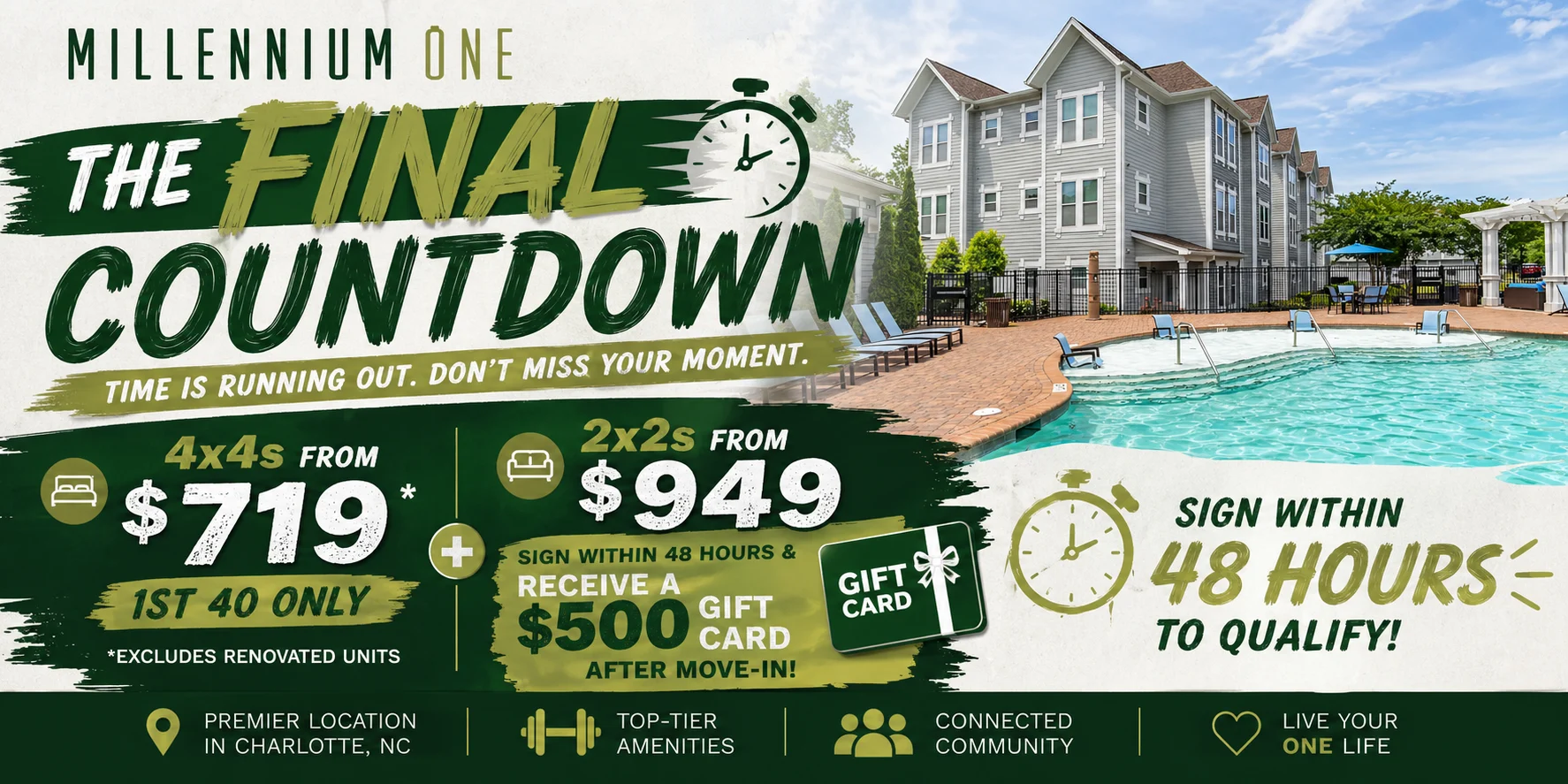 Promotional banner for Millennium One featuring housing offers and amenities in Charlotte, NC.