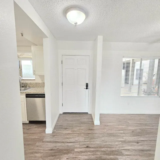 A spacious apartment entryway showing a door and light-colored walls with wood flooring.