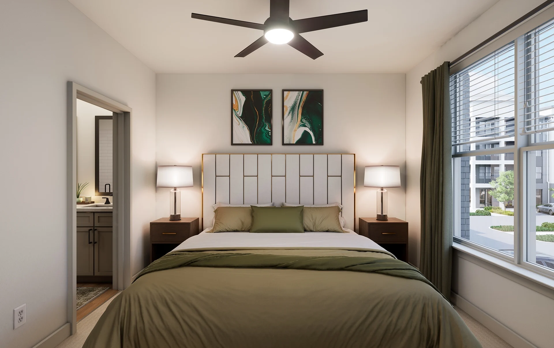 A modern bedroom featuring a large bed with a green comforter, two bedside tables with lamps, and abstract wall art. The room includes a window with curtains and a view of green spaces outside.