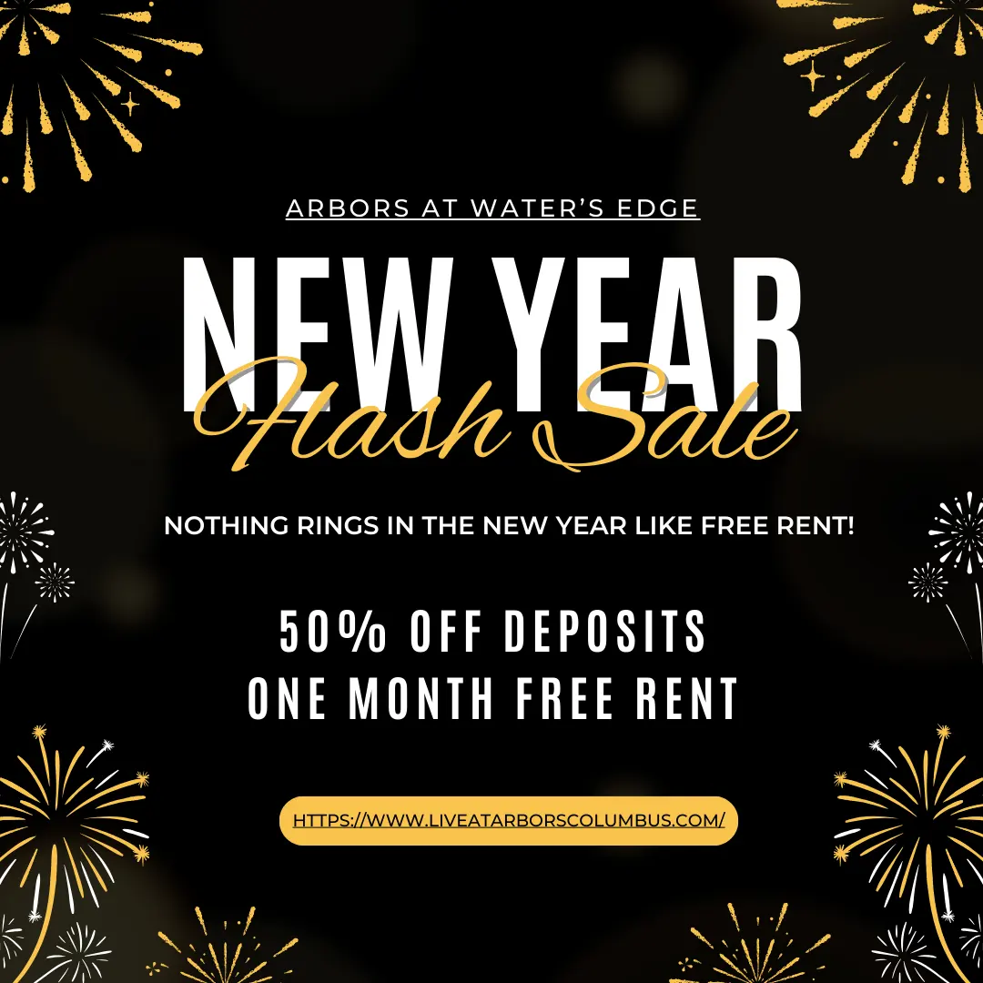 New Year Flash Sale Promotion Promotional flyer for a New Year flash sale at Arbors at Water's Edge, featuring fireworks graphics and discounts on deposits and rent.