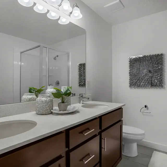 A modern bathroom featuring dual sinks, a framed mirror, and a glass shower enclosure. The space is well-lit with overhead lighting and decorated with potted plants and decorative items on the countertop.