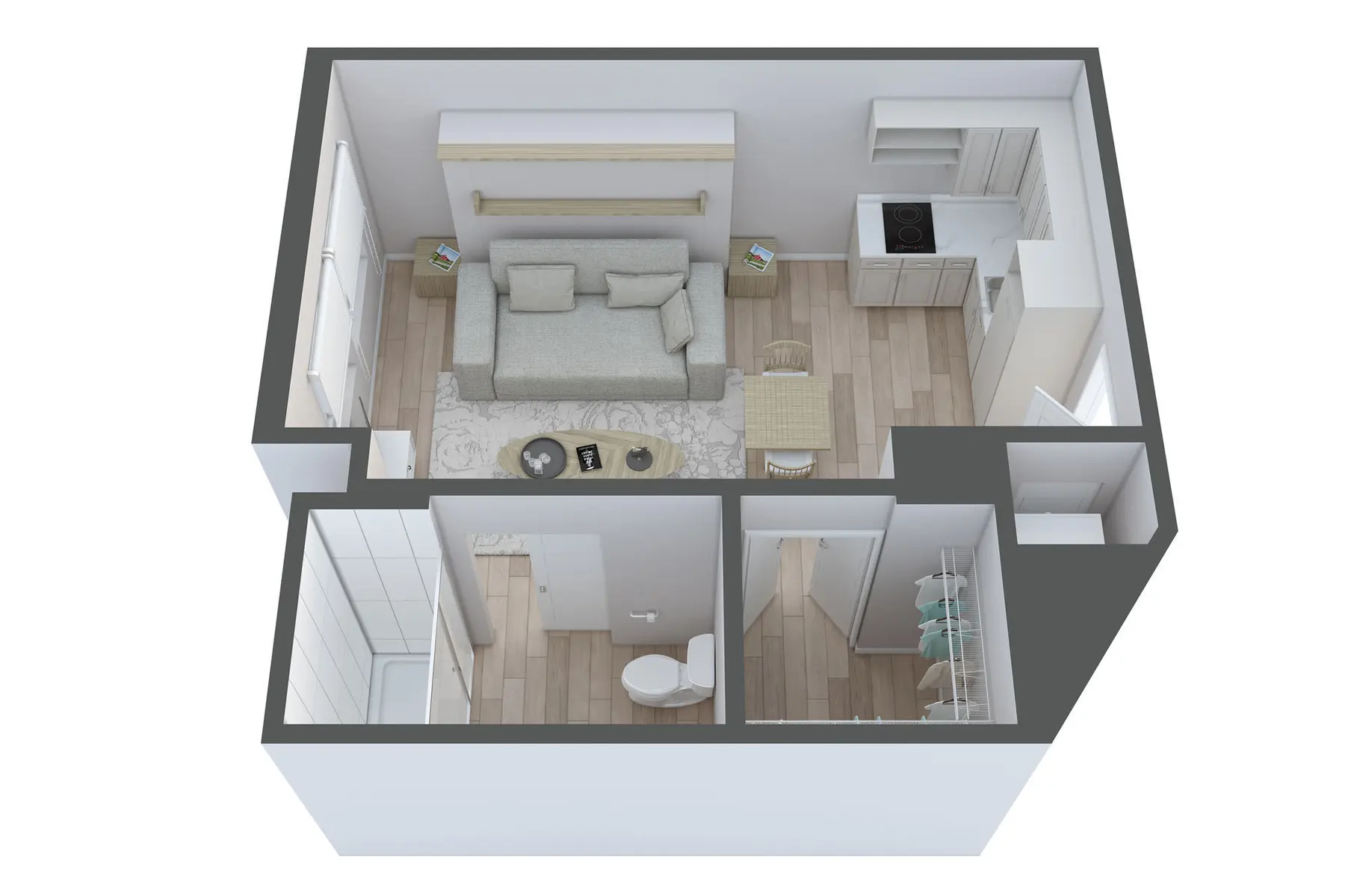 Top view of a small apartment layout featuring a living room, kitchen, bathroom, and bedroom.