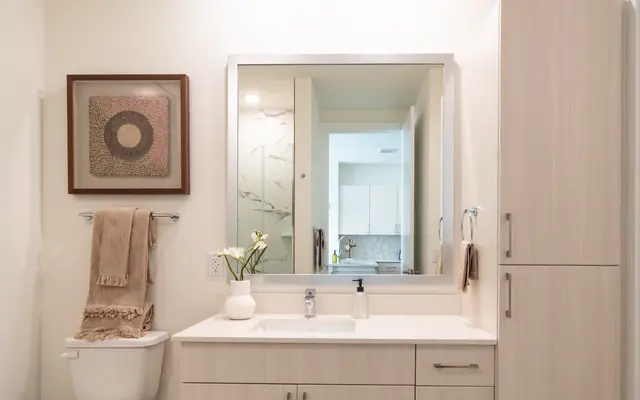Contemporary Bathroom Design A modern bathroom featuring a vanity with a sink, a large mirror, a cabinet, a toilet, and decorative artwork on the wall.