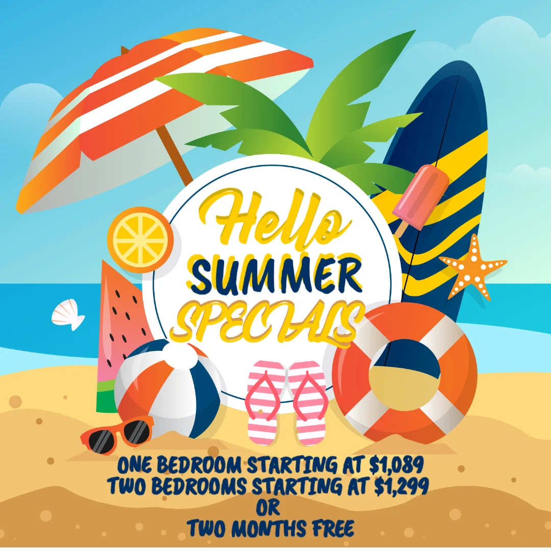 A vibrant summer-themed promotional image featuring a beach setting. The text 'Hello Summer Specials' is prominently displayed, alongside images of summer items like a beach umbrella, beach balls, a flotation ring, sunglasses, and flip-flops. Pricing details are included, stating 'One bedroom starting at $1,089' and 'Two bedrooms starting at $1,299 or two months free.'