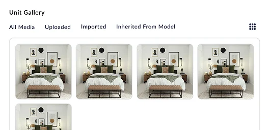 Unit Gallery of Bedroom Designs A digital interface showing a gallery of images featuring a stylish bedroom with a bed, decor, and artwork.