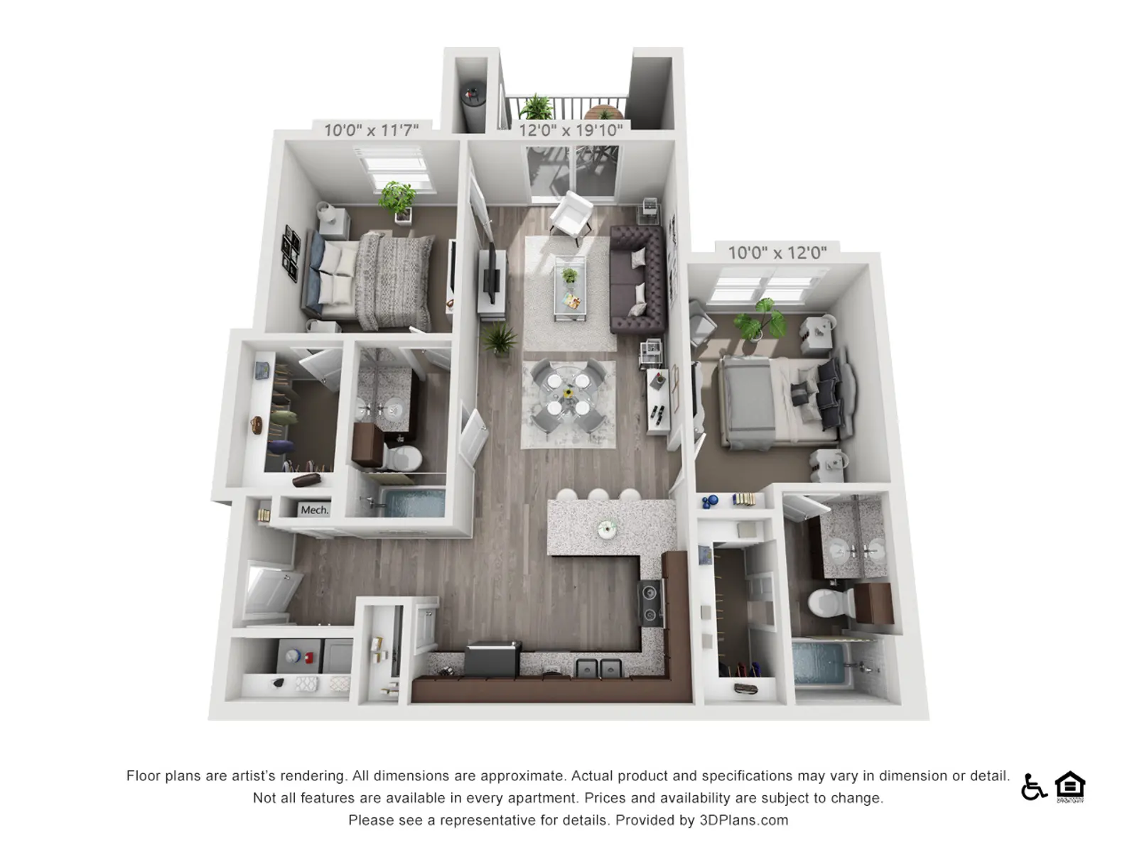 3D rendering of an apartment floor plan with labeled room dimensions. The layout features a living area, two bedrooms, and two bathrooms, along with a kitchen and dining area.