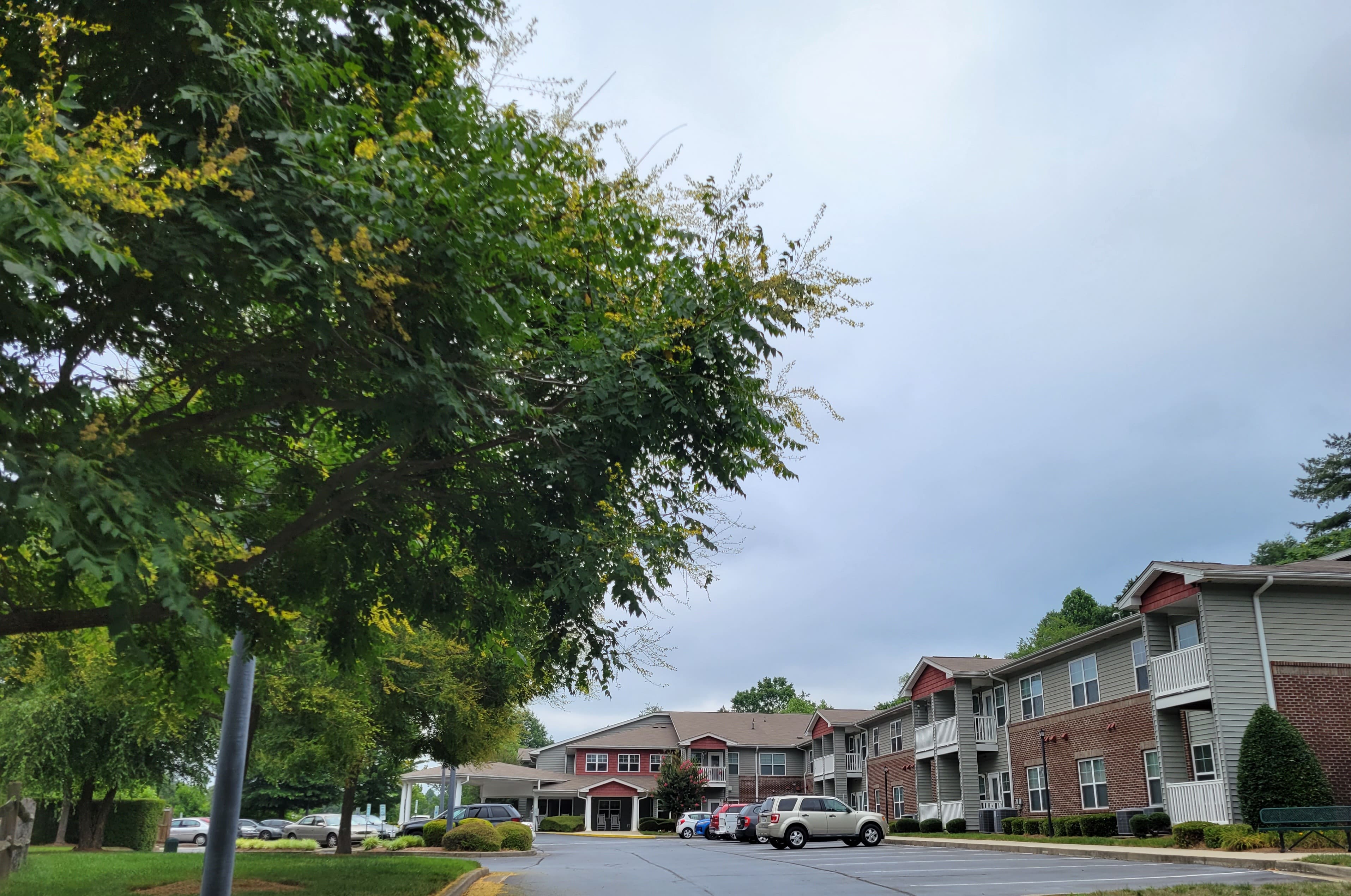 Apartment Complex View A view of an apartment complex with parking spaces, surrounded by trees and a cloudy sky.