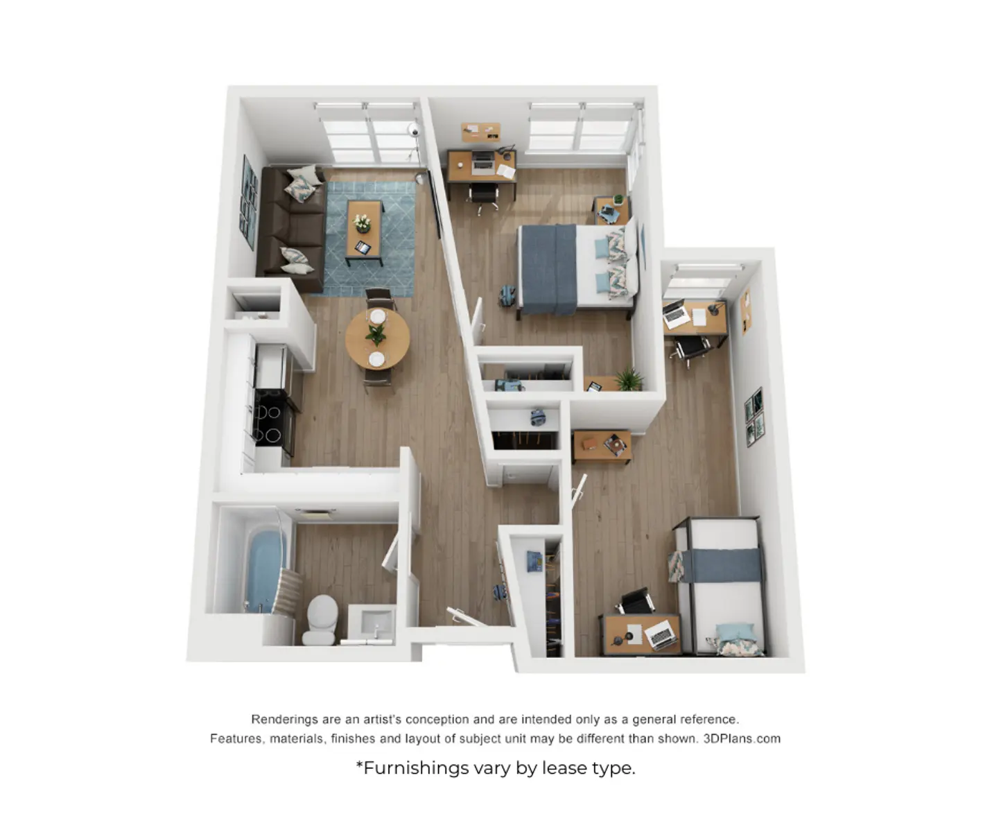 3D rendering of an apartment layout featuring two bedrooms, a living area, and a kitchen. The floor plan shows furniture arrangements for each room.