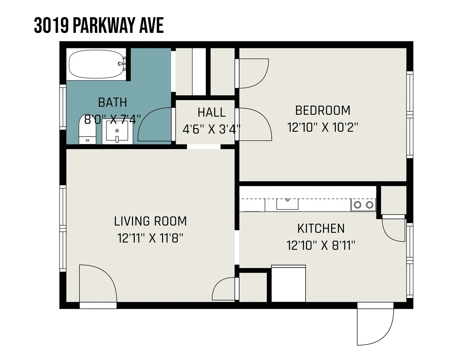 Apartment Floor Plan at 3019 Parkway Ave Floor plan layout of an apartment featuring a living room, kitchen, bedroom, bathroom, and hall.