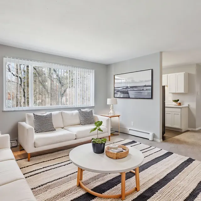 A modern living room featuring a white sofa with black and white striped cushions, a round coffee table with a plant and decorative items, and large windows filling the space with natural light. There is also a view into a kitchen area in the background.