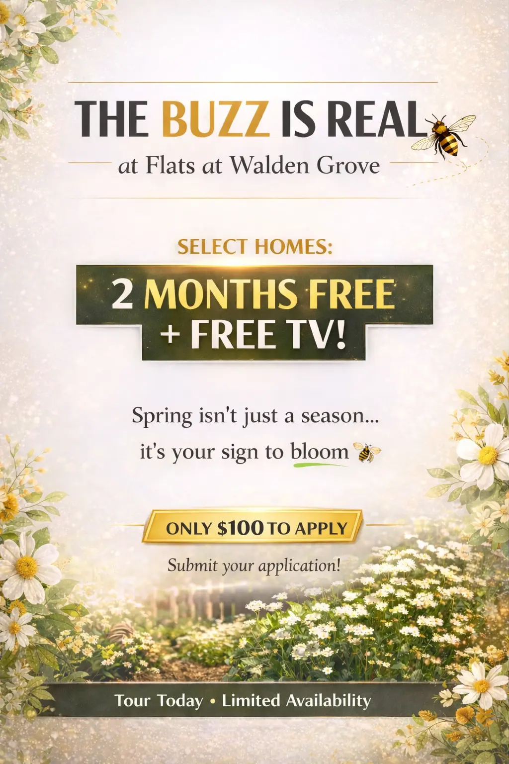 Promotional advertisement for Flats at Walden Grove offering two months free rent and free TV, featuring a floral background with a bee graphic.