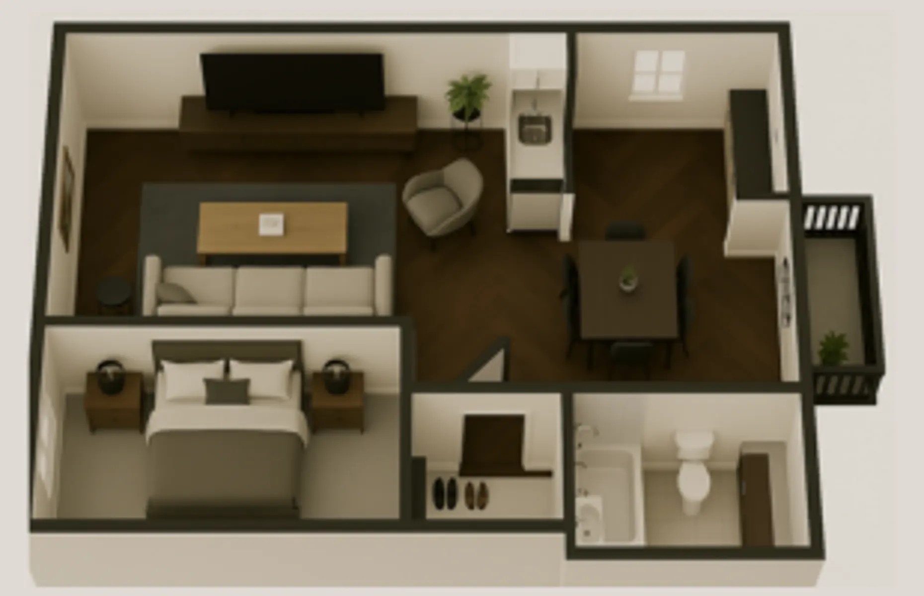 A styled layout of a modern apartment featuring a living room, dining area, bedroom, bathroom, and kitchen area.