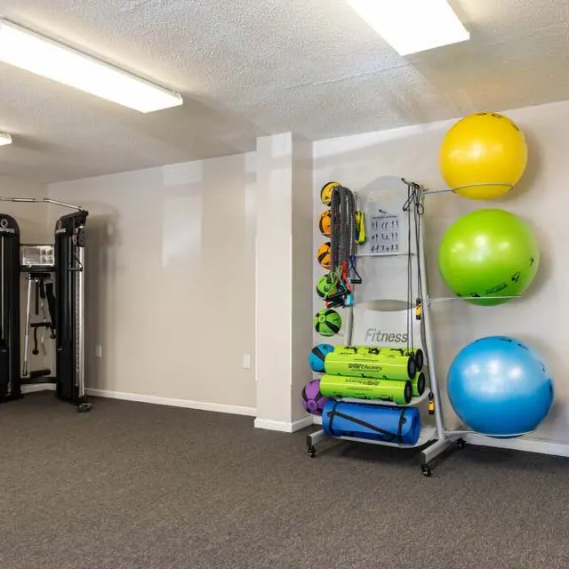 A home gym equipped with various exercise equipment including weight machines and stability balls.